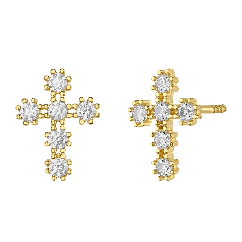 Cute Butterfly Earrings-14KT Yellow Gold and Cubic Zirconia Cross Stud Earrings