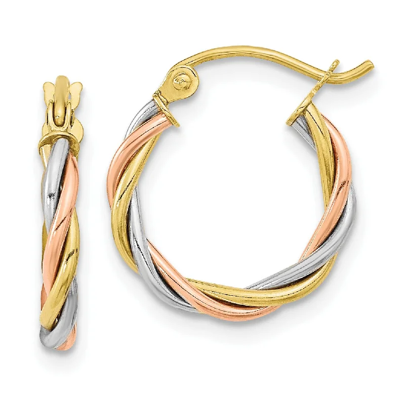 Elegant Long Earrings-10KT Gold Tri-Color 2.5X15MM Twist Hoop Earrings