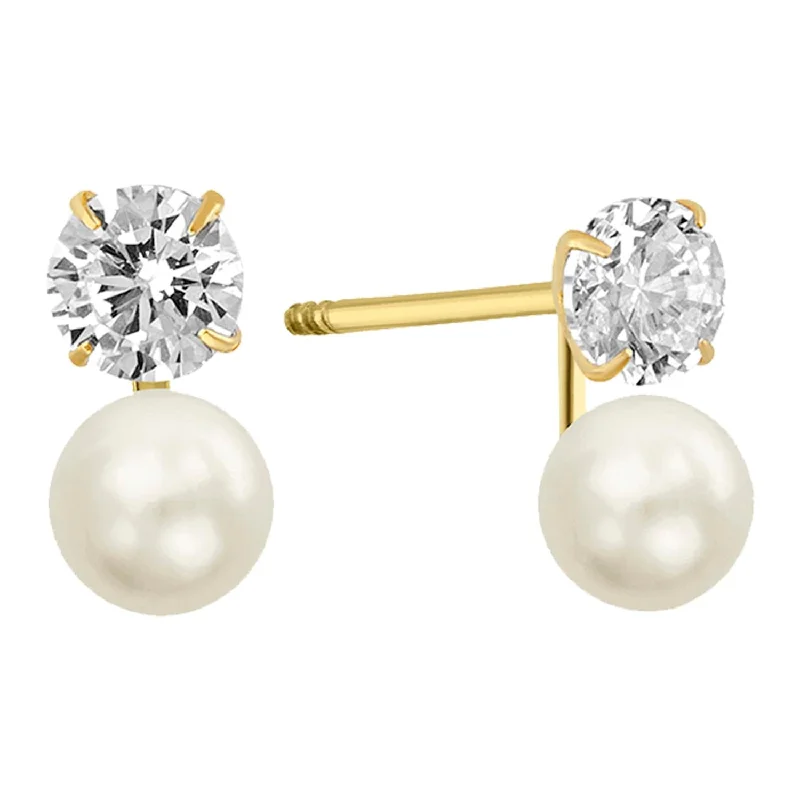 Classic Dangle Earrings-Pearl and Cubic Zirconia Earrings in 14KT Yellow Gold