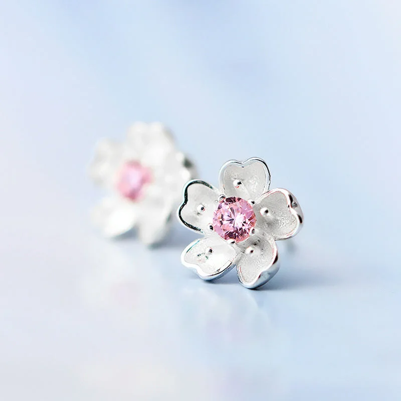 Pink Cherry Blossom Ear Studs 1 Pair (Silver Plated) with Earplug