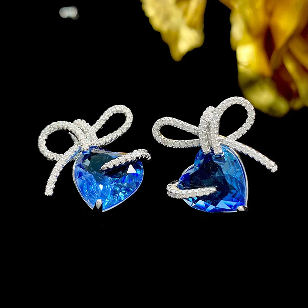 Beaded Earrings for Weddings-1 Pair Sweet Shiny Heart Shape Bow Knot Inlay Copper Zircon Ear Studs