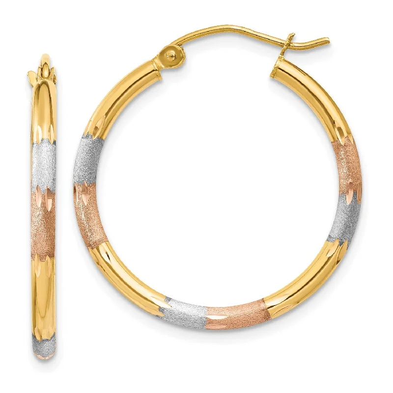 Sparkling Hoop Earrings-14KT Gold Tri-Color 22X2MM Diamond-cut Hoop Earrings