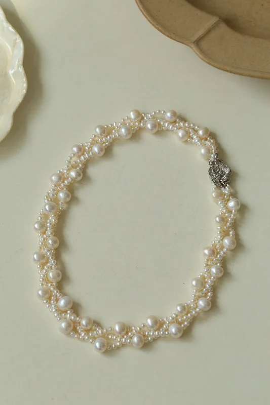 Long Silver Necklace-French Handcrafted Woven Seed Pearl Multi-Layer Necklace