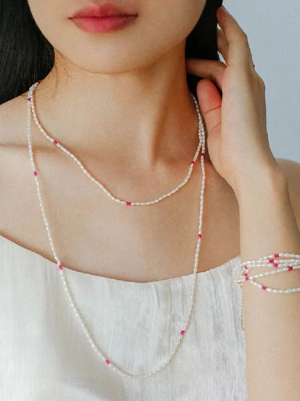 Dainty Pendant Necklace-Mini Pearl and Ruby Long Beaded Necklace