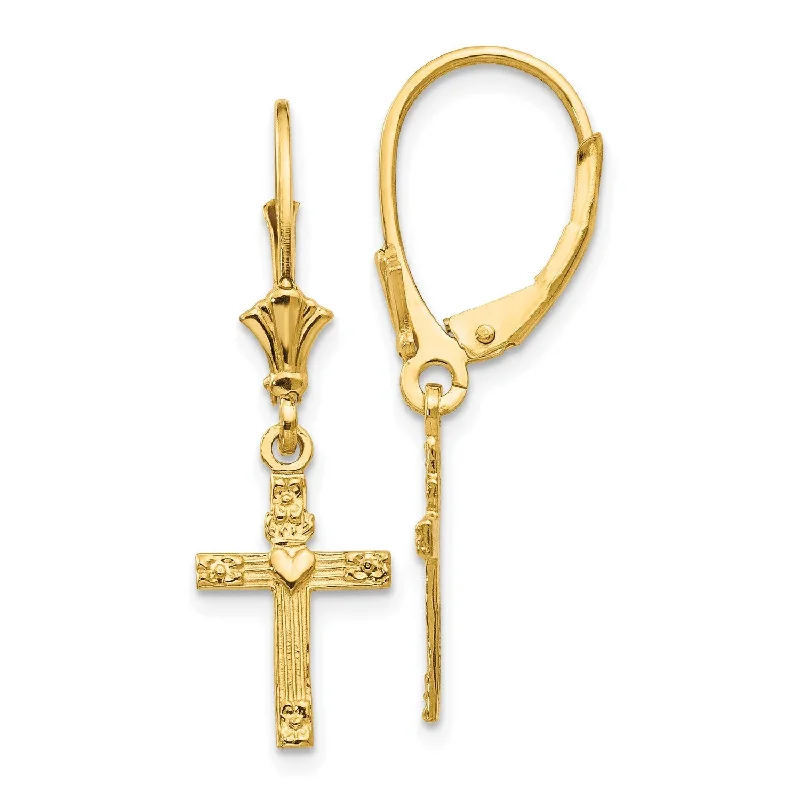 Birthstone Earrings for December-14KT Yellow Gold 31X9MM Cross Heart Leverback Earrings