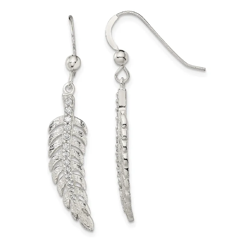 Dazzling Gold Earrings-Sterling Silver Cubic Zirconia 39X7MM Drop & Dangle Feather Earrings