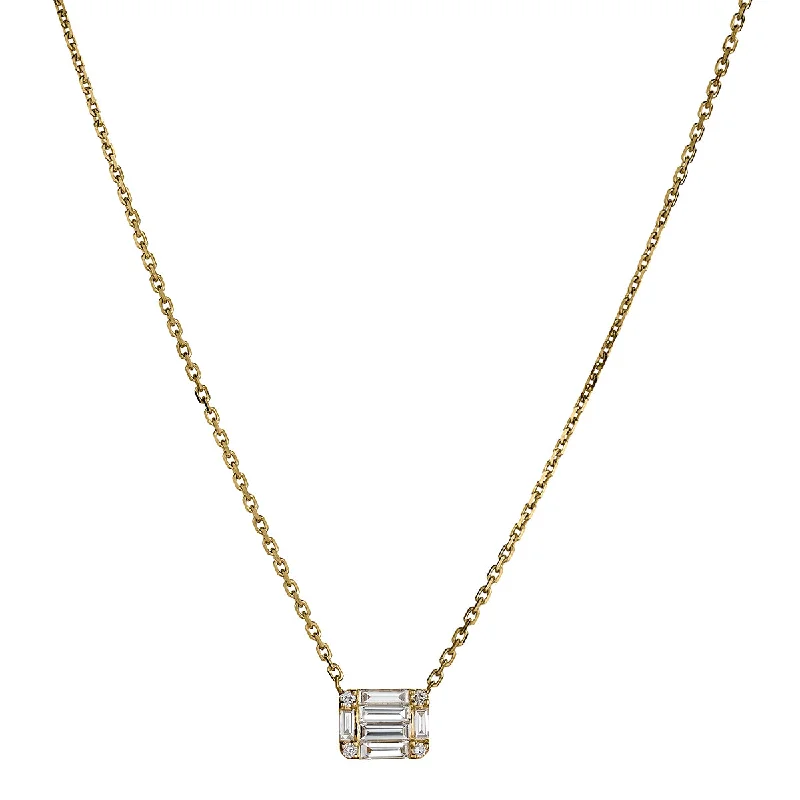 Trendy Layered Necklace for Teens-BAGUETTE & ROUND DIAMOND PENDANT NECKLACE